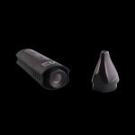 Black cannabis vaporizer pen and mouthpiece on a dark background.