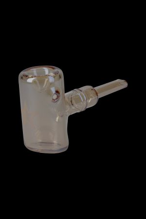 Amber glass bubbler pipe for smoking cannabis.