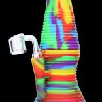 Colorful silicone rig with a quartz banger.