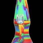 Colorful silicone water pipe with glass mouthpiece.