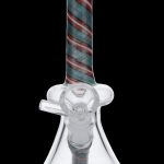 Glass bong with red and green striped neck and base.