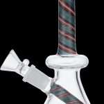 Glass water pipe with red and green striped accents.