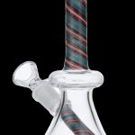 Clear glass water pipe (bong) with red and green striped accents.