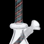 Glass water pipe (bong) with red and green spiral patterns.