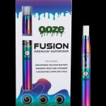 Ooze Fusion premium vaporizer packaging and device, featuring adjustable voltage and airflow coils.