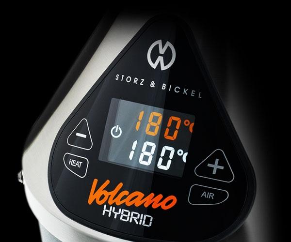 Close-up view of the Storz & Bickel Volcano Hybrid desktop vaporizer’s digital display, showing a temperature reading of 180.