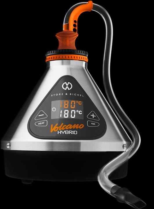 Front view of the Storz & Bickel Volcano Hybrid Desktop Vaporizer displaying a digital temperature readout on its sleek, dark gray body.