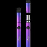Iridescent cannabis vape pen shown assembled and disassembled against a black background.