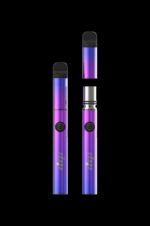 Iridescent cannabis vape pen shown assembled and disassembled against a black background.