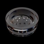 Clear glass dab dish with multiple holes, isolated on black.