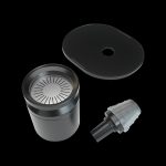 Black cannabis vaporizer components disassembled, including a bowl, lid, and mouthpiece.