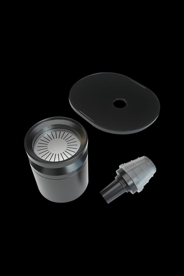 Black cannabis vaporizer components disassembled, including a bowl, lid, and mouthpiece.