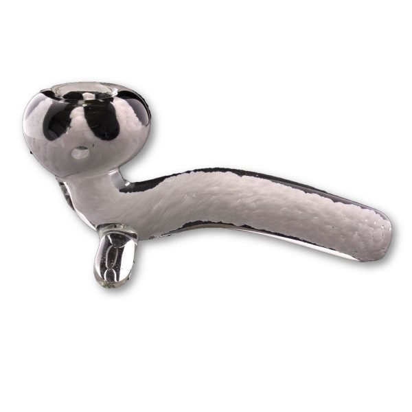 A detailed side view of the White Fritted Sherlock with Black 'Daisy' Fritted Bowl, showcasing its patterned glass and curved design.