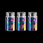 Three iridescent cannabis oil cartridges with a sunburst design against a black background.
