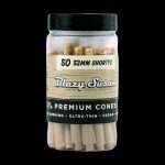 Clear plastic jar filled with 50mm “Blazy Susan” premium vegan cones for smoking.