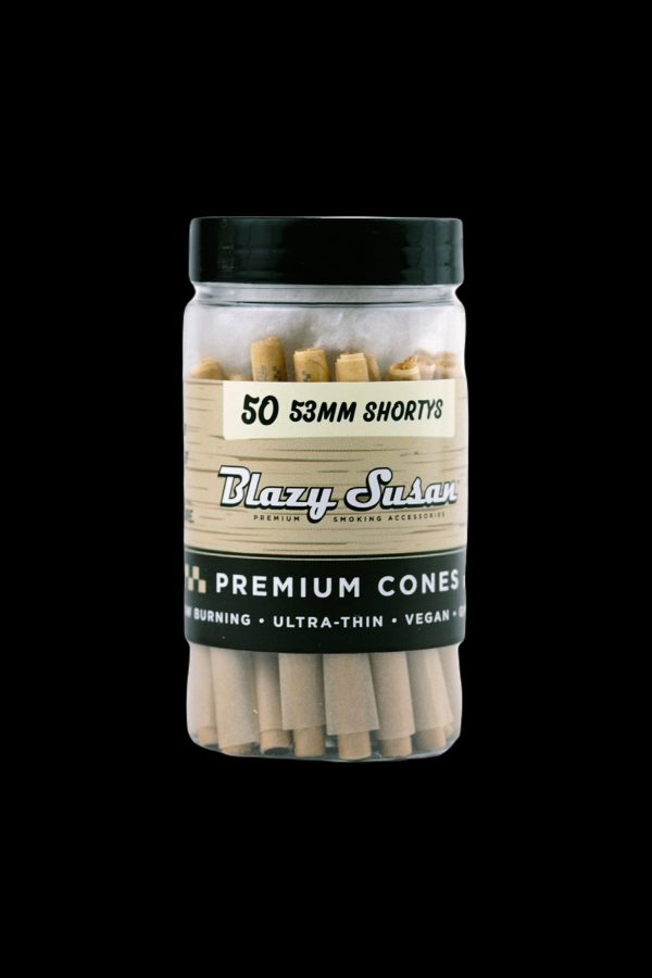 Clear plastic jar filled with 50mm “Blazy Susan” premium vegan cones for smoking.