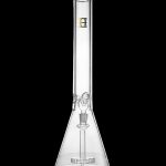 Clear glass bong with ice catch and branded label.