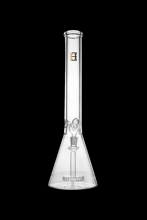 Clear glass bong with ice catch and branded label.