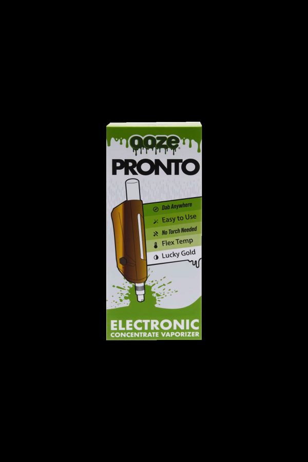 Boxed electronic cannabis concentrate vaporizer labeled “Pooze Pronto” with features listed.