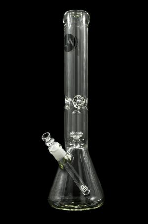 Clear glass bong with intricate detailing and a green accent, isolated on a black background.
